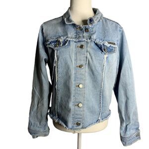 Vintage 90s Raw Hem Denim Jacket M Med Wash Button Up Faux Pockets Collared